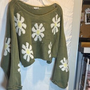 Storia Olive Daisy Cropped Floral Knit Sweater Small EUC